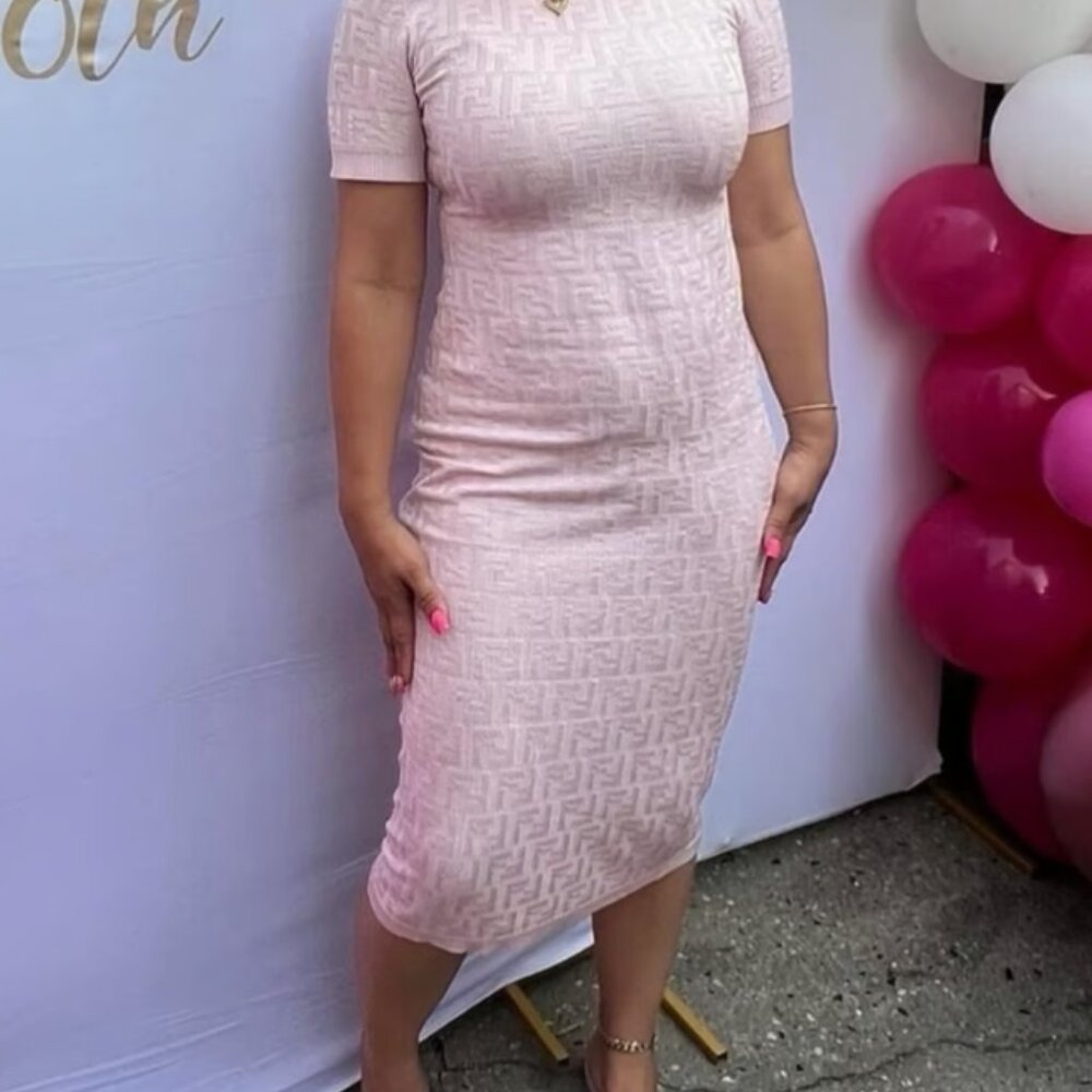 Fendi FF Logo Jacquard Cotton Blend Sweater Dress PINK Sz S